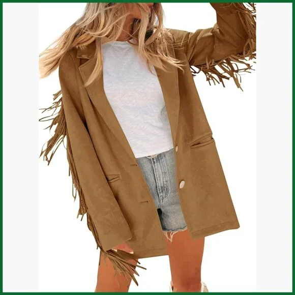 Faux Suede Fringe Blazer Jacket with Lapel Collar Button Front - Picture 1 of 7